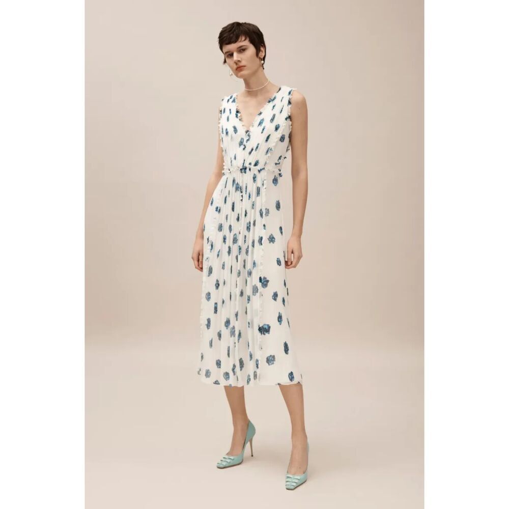 Jason Wu 100% Silk Floral Print V-Neck‎ Sleeveless Midi Ruffle Dress Size 2 XS